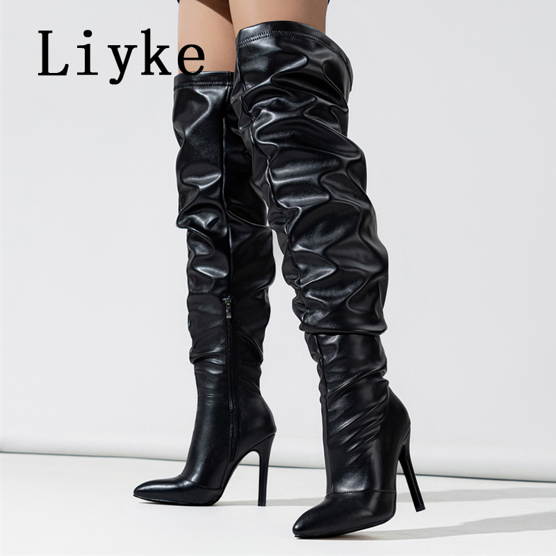 Liyke Autumn Winter Thigh High Over The Knee Boots Women Cozy Pleated Leather Pointed Toe Stiletto Heels Zip Motorcycle Shoes