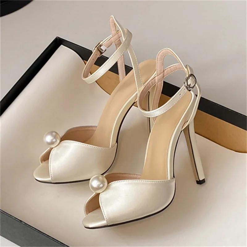 Women Satins Pumps Cozy Peep Toe 11CM Thin Heels Buckle Sandals Cute Pearl Design Shoes Ankle Strap Sandalias 5d83