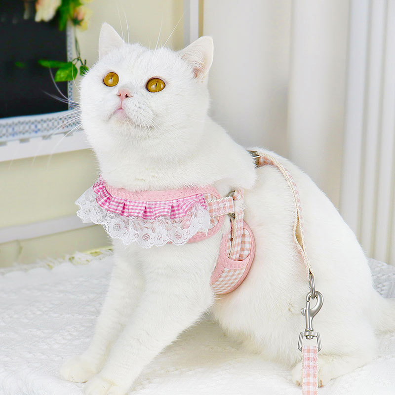 Cat Leash Harness Vest Type Anti-breakaway Walking Cat Rope & Harness with Flower Lace Trim for Outdoor Travel of Cats & Puppies