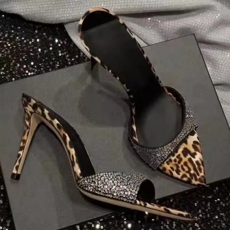 Pointed Summer Toe High Heel New Shoes Leopard Printed Rhies Thin Heels Sandals Women Slippers d9ee s