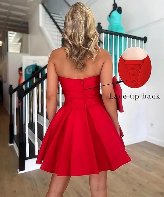 Strapless Elegant Satin Pleated Midi With Lace Double Bow Homecoming Dress Bm
