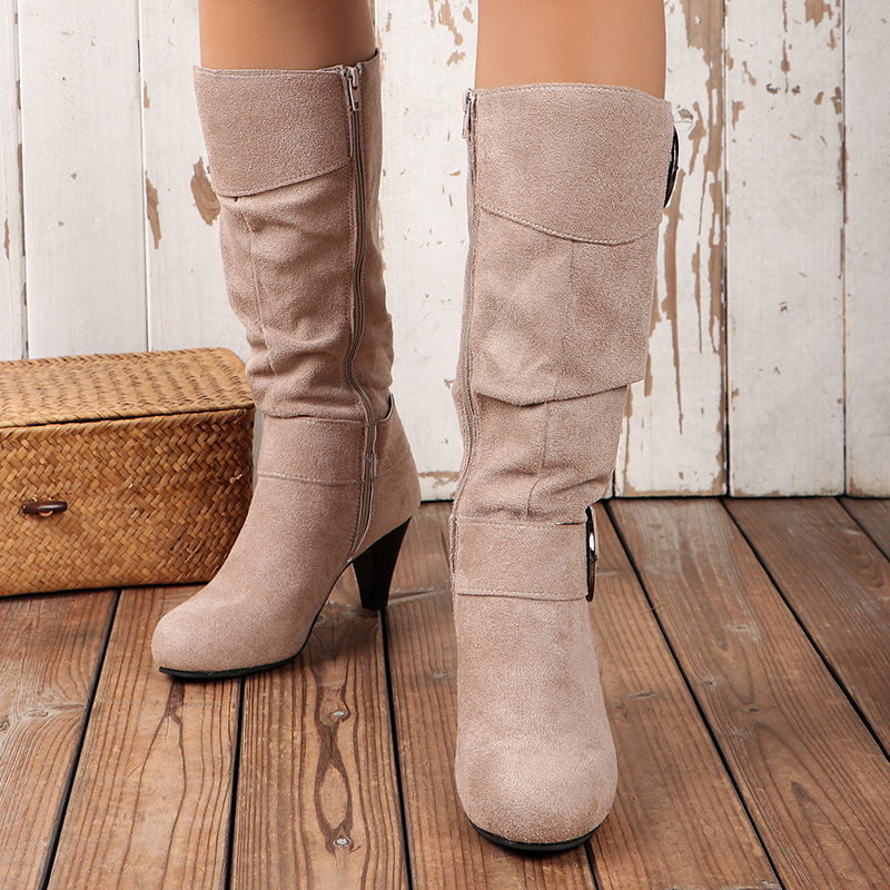 Womens Mid-Calf Boots 2024 Winter Designer Fashion High Heel Shoes Luxury Faux Suede Elegant Lady Western Side Zip Casual Buckle