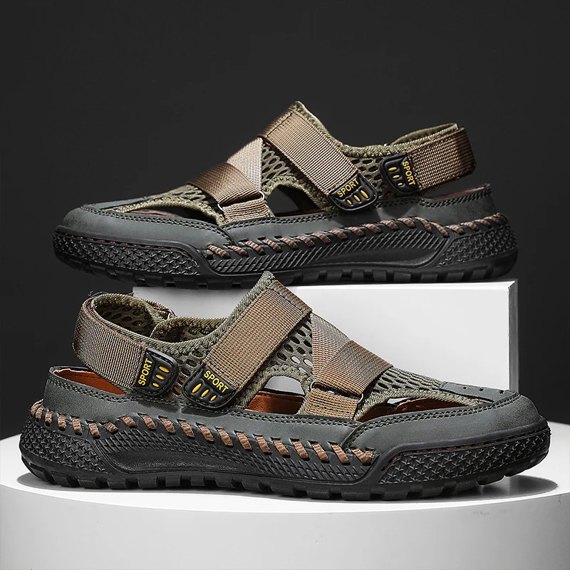 Breathable Men Shoes Hollow Out Sandals Men Handmade Outdoor Beach Close Toe Non Slip Flats Indoor Slippers Mesh Casual Shoes