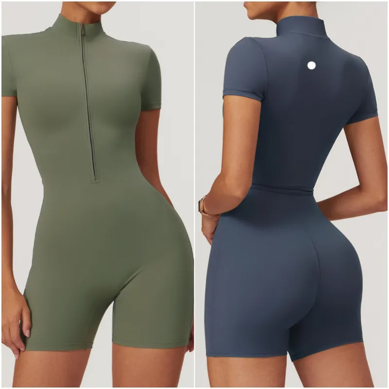 LM8294 Womens Yoga Outfit Jumpsuit Short Sleeve Tight Dance Bodysuit Short Pants Breathable Leggings Pant Zipper Tracksuit