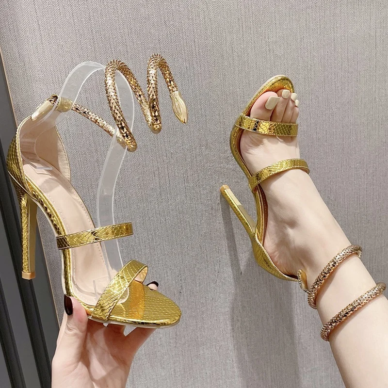 Eilyken Street Style Snake Print Ankle Strap New High Heels Women Sandals 2024 Summer Open Toe Narrow Band Banquet Party Shoes 7783
