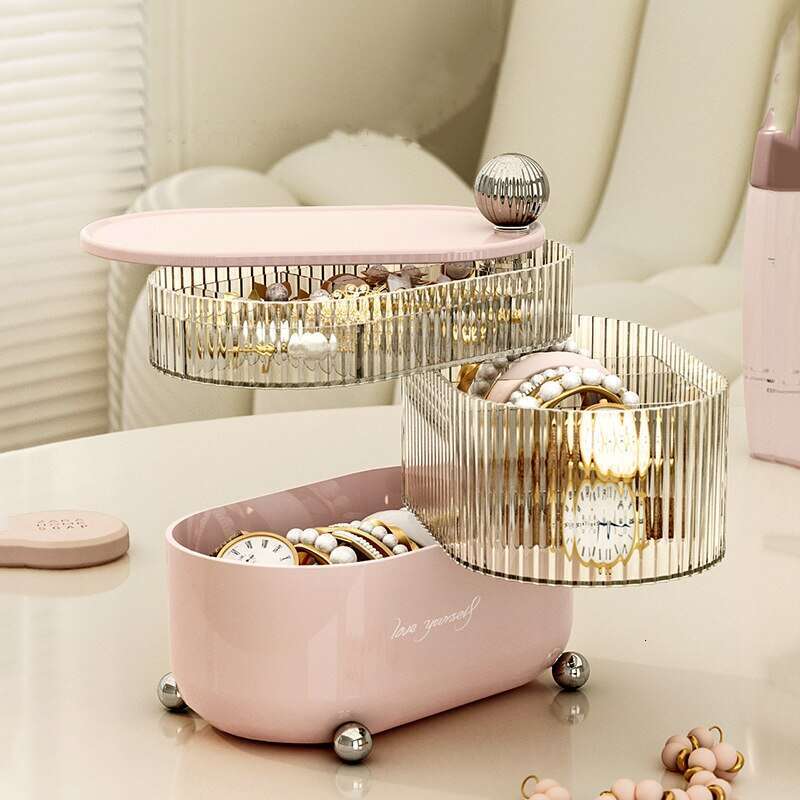 1pc Pink/White Rotating Jewelry Storage 3 Layers Plastic Stand Earrings Ring Box Cosmetics Beauty Organizer