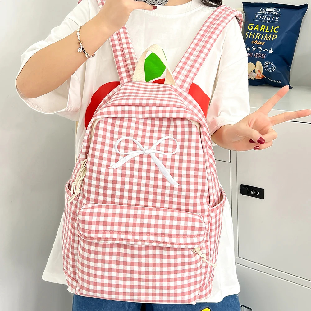 Cute bow plain aesthetic backpack lightweight school nylon student 240903