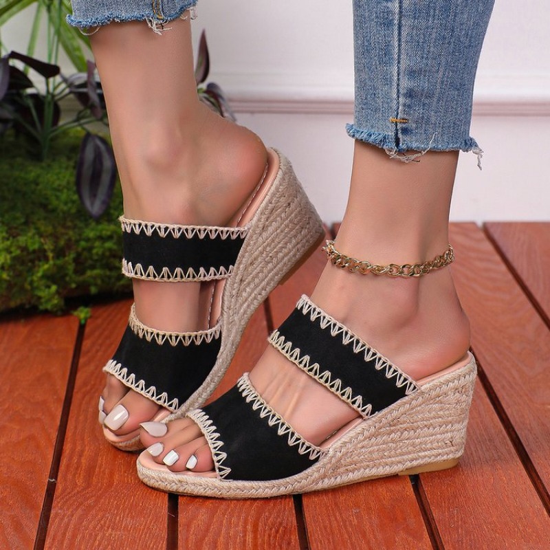 2025 new Large Summer Size Women's Sandals House Slippers Wedge Platform Slides Fashion Peep Toe Women Heels Rome PU Cotton Fabric e4b8