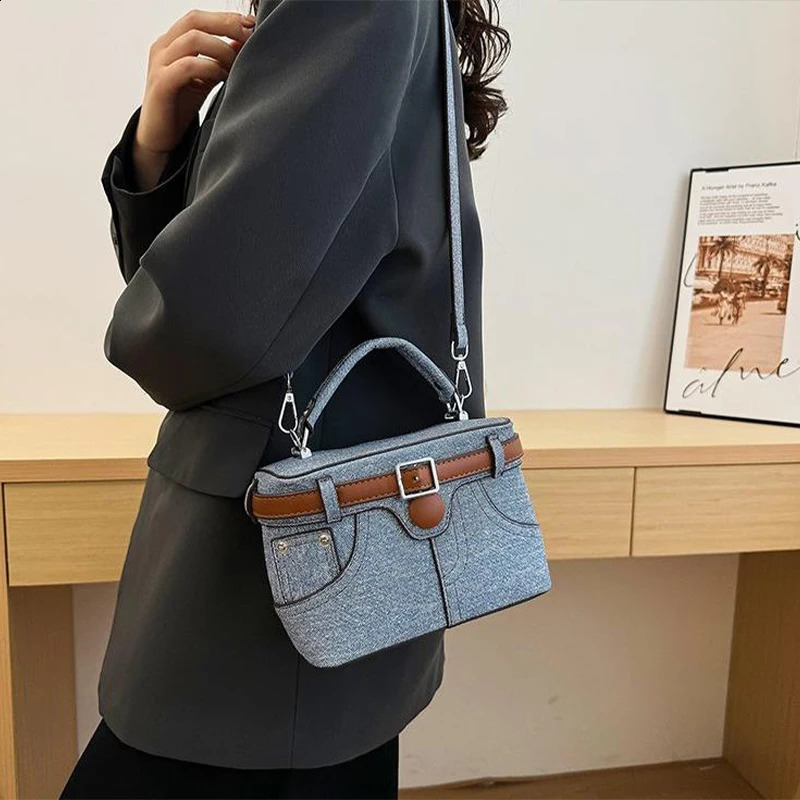 Blue Denim Women Bag Black High Quality Brown Belt Pants Shaped Tote Bag Denim Box Bag Color Contrast Crossbody Bag 240902