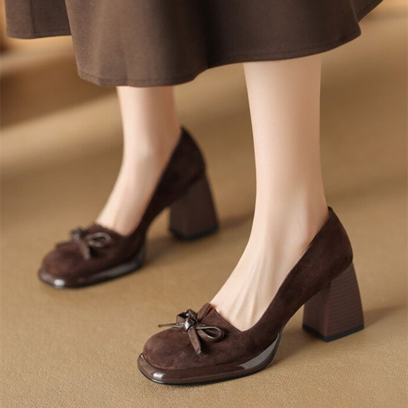 New Retro Mary Jane High Heels Women Faux Suede Chunky Heels Platform Design Mules Shoes for Women Bow Fashion Office Work Shoes