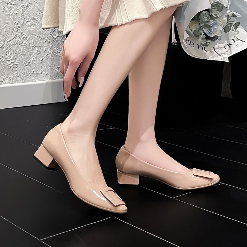 Luxury Metal Buckle Pumps Women Brides Wedding Shoes Med-High Heels Traf Chunky Heeled Shoes Ladies Office Dress Tacones Femme