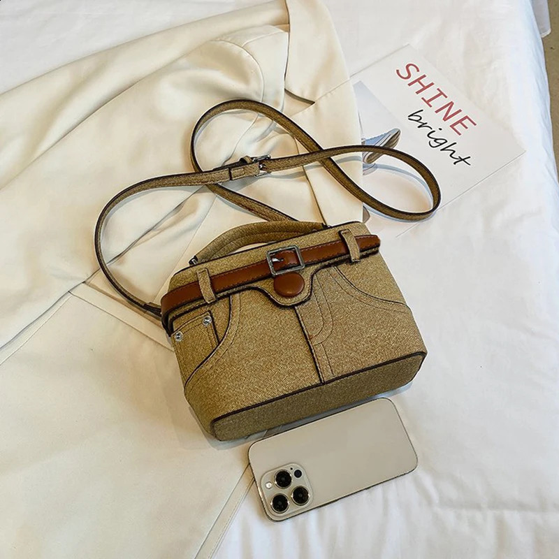 Blue Denim Women Bag Black High Quality Brown Belt Pants Shaped Tote Bag Denim Box Bag Color Contrast Crossbody Bag 240902