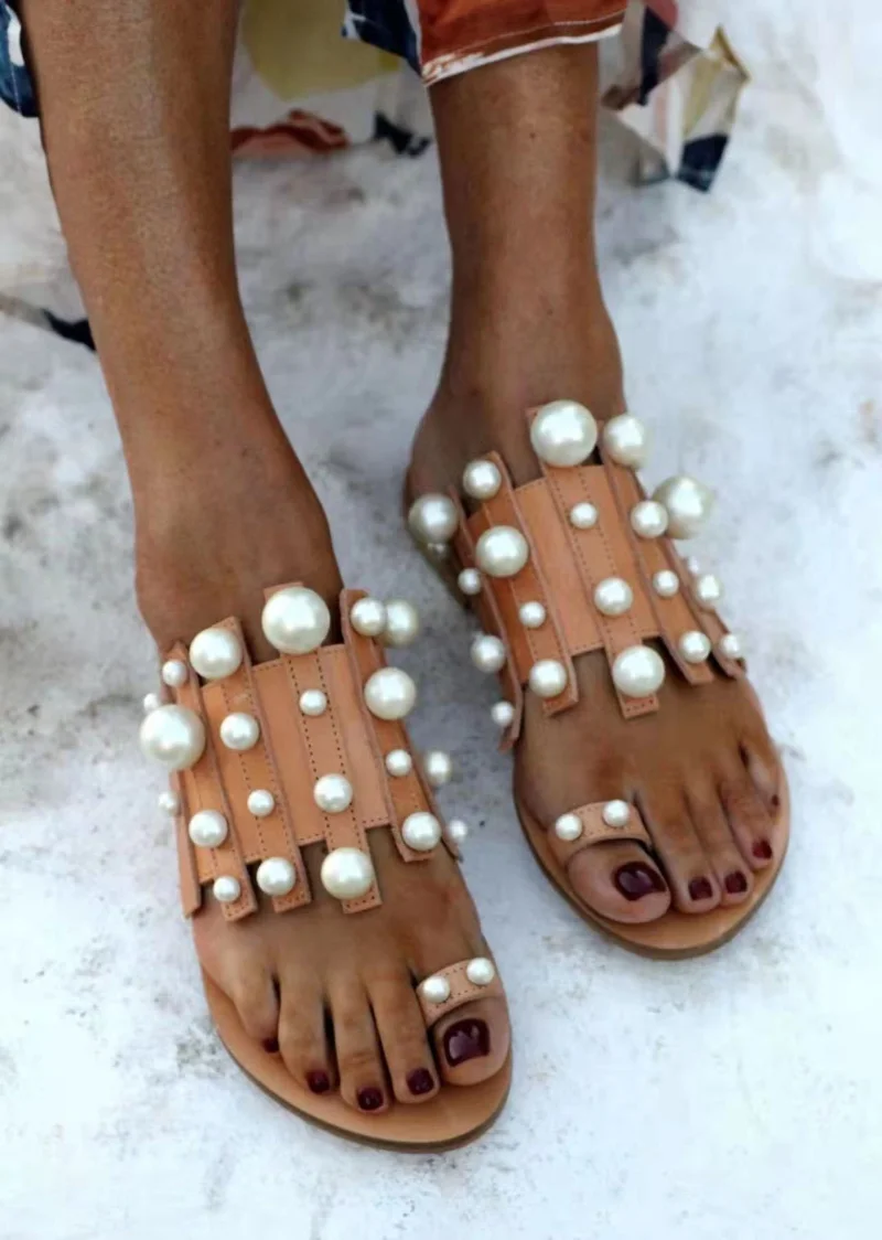 Plus Size 43 Women's Flip Flops Summer Pearl Decoration Low Heel Slippers Casual Outside Flat Slides Sandal Shoe