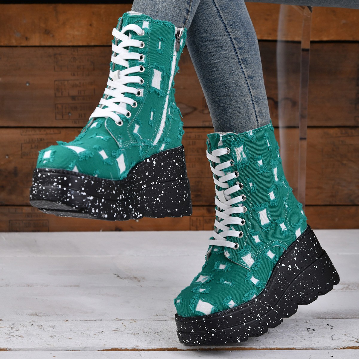 New Canvas Denim Women Shoes Elevated Wedges Short Plus Size 43 Casual Mid Length Boots atos De Mujer 2023 a5b4