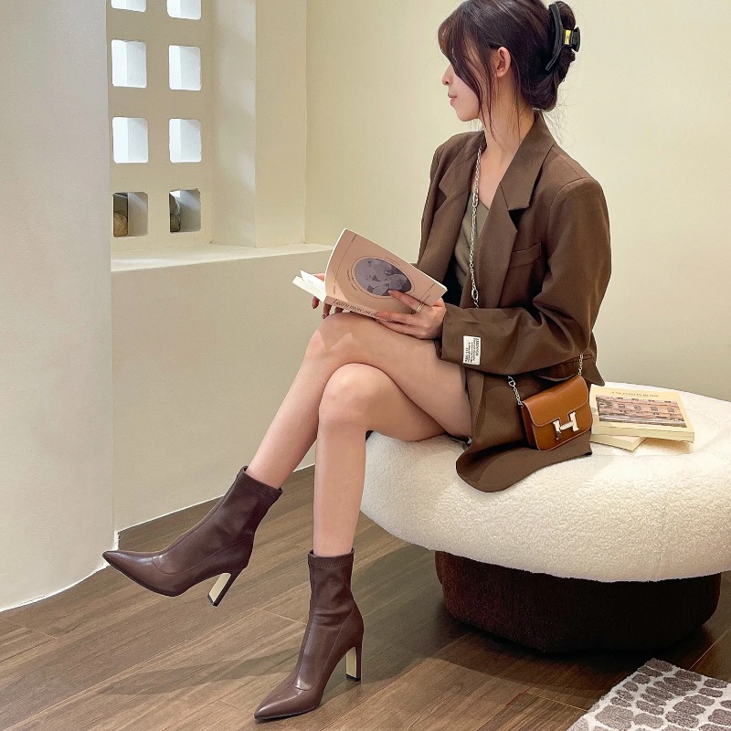 Women Ankle Boots Fashion Pointed Toe Ladies Elegant Short Boots Square High Heel Autumn Winter Women's Shoes 2024