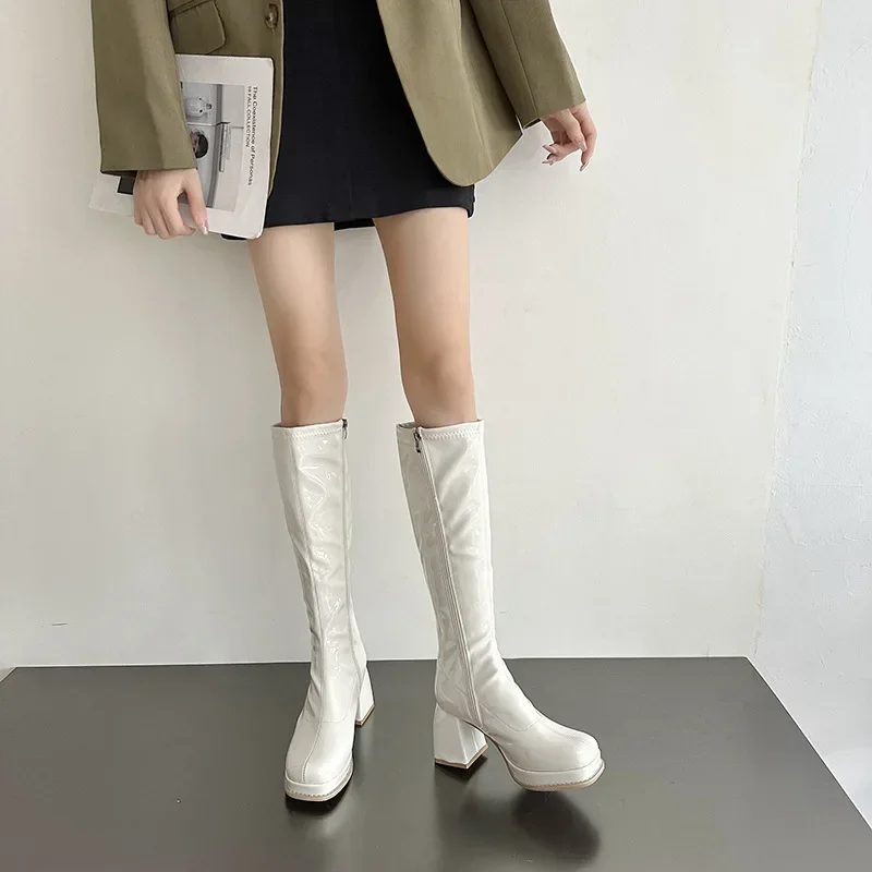 Chunky Women Heel Platform Long Square Toe Black Patent Leather Knee Boots Woman Autumn Thick High Heels Punk Botas a8e3 s