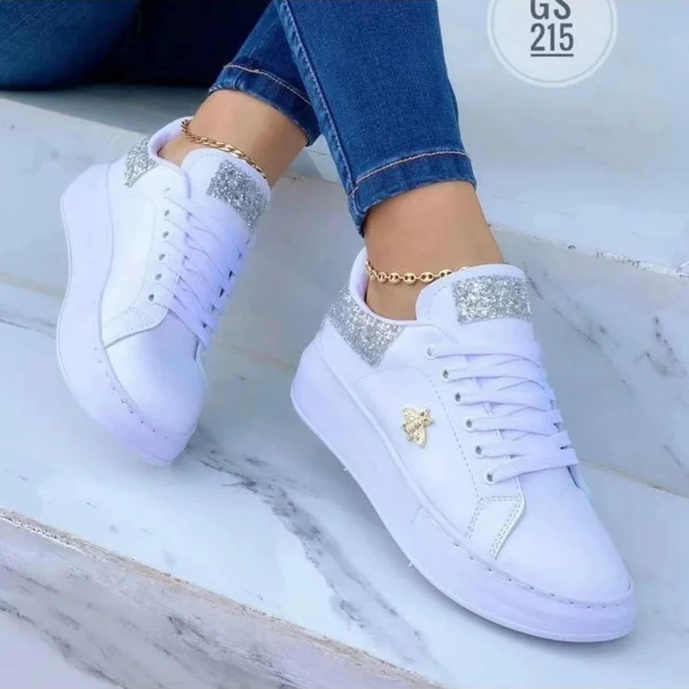 Casual Women Fashion Butterfly Decor Round Head Sneakers Leather Lace-Up Platform Ladies Vulcanized Shoes Female Footwear b407 dh1102140405