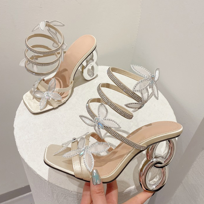 Strange Style Metal Fretwork Heels Gladiator Sandals Women Summer Fashion Peep Toe Butterfly Square Toe Party Dress Shoe