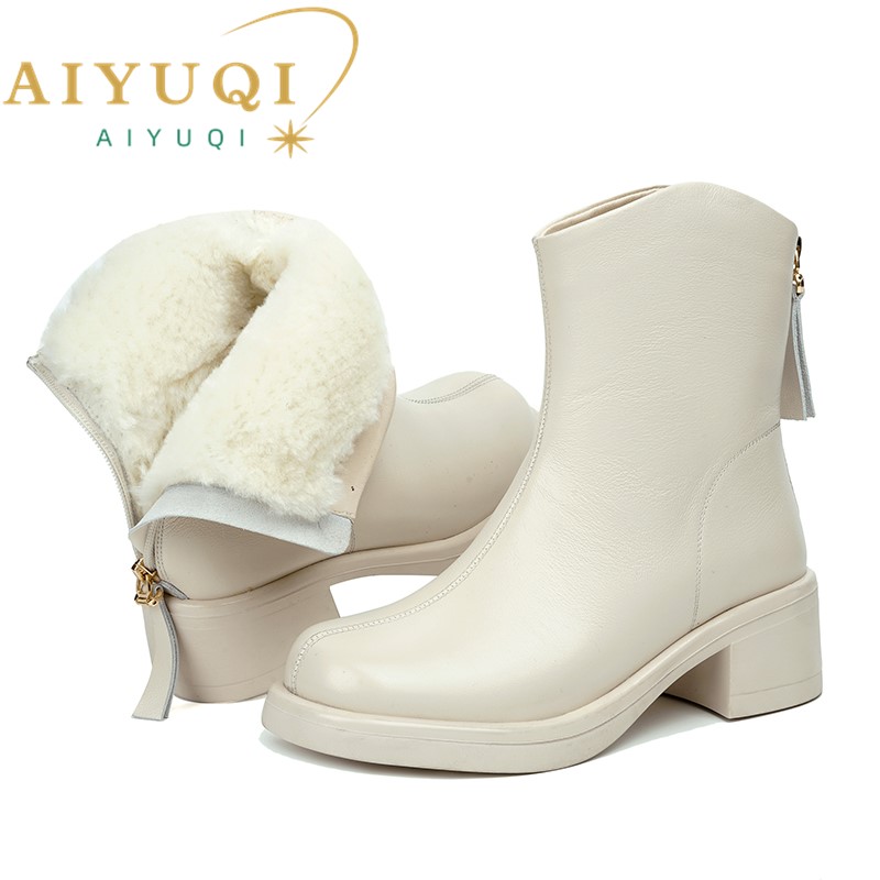 AIYUQI Women's Snow Boots Fashion 2024 New Genuine Leather Women's Ankle Boots Natural Wool Warm Western Cowboy Boots Women