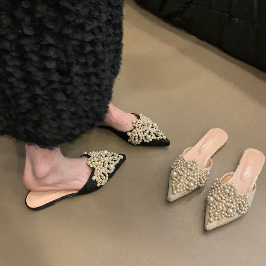 Women's Mules Summer 2024 New Pointed Toe Flat Heels Pearl Outdoor Ladies Slippers Dress Women Shoes Q75