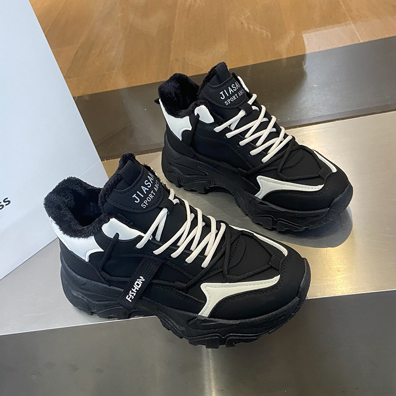 Winter Plus Veet Dad for Women's Korean Version Warm High-top Lace Up Sneakers Ladies Casual White Cotton Shoes