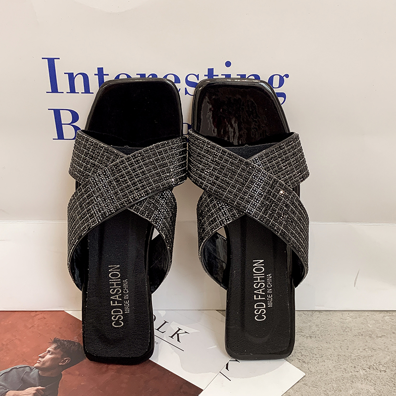 Slippers Crystal for Women Summer Shoes Fashion Casual Comfortable Bg Designer Chinelos Square Toe Flat Heel Slides 3447 Comtable