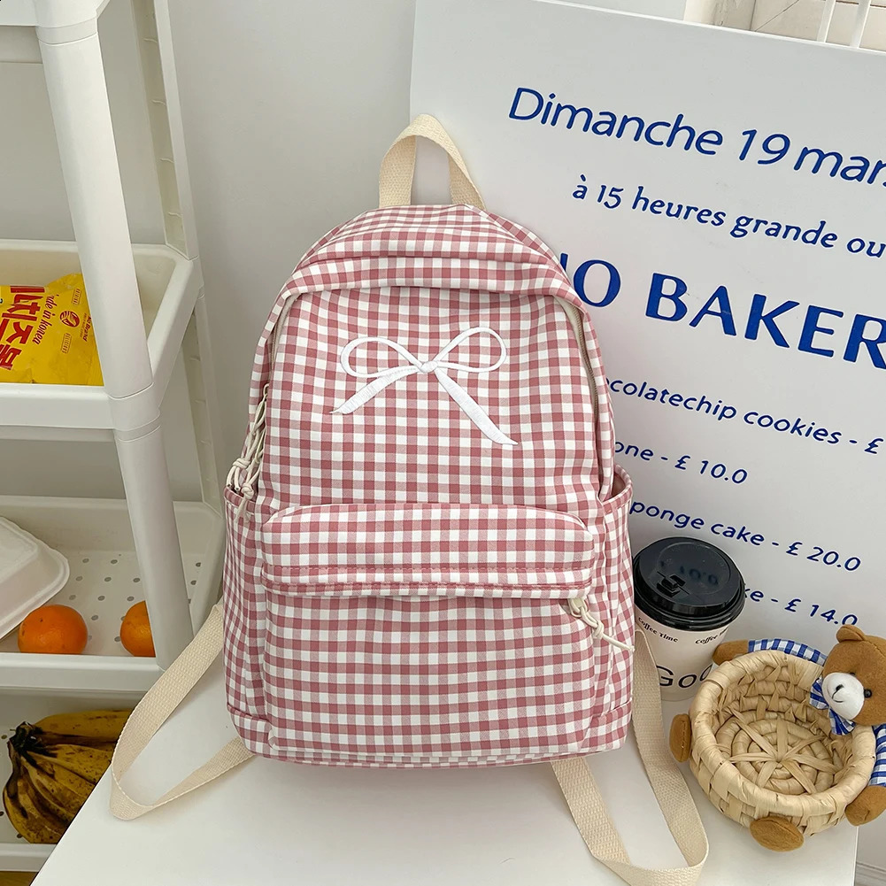 Cute bow plain aesthetic backpack lightweight school nylon student 240903