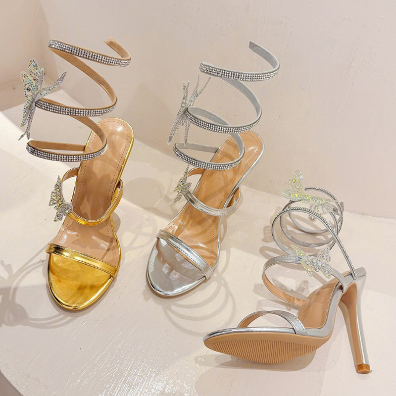 Fashion Rhinestone Golden Butterfly-knot Crystal Sandals Women's Night Club Stiletto Heel Wrap Strap Peep Toe Shoes