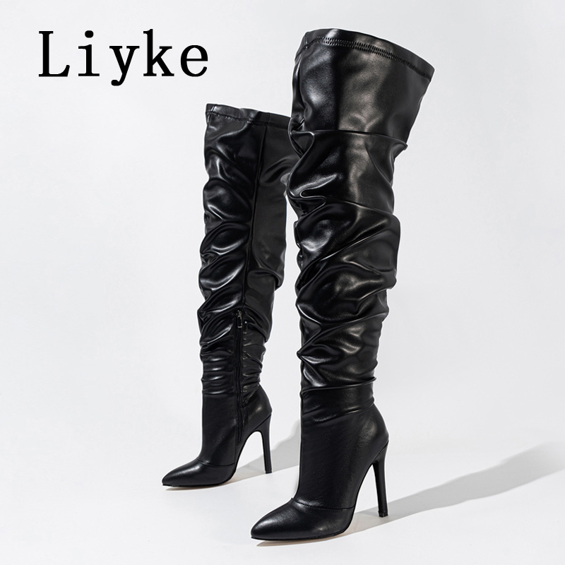 Liyke Autumn Winter Thigh High Over The Knee Boots Women Cozy Pleated Leather Pointed Toe Stiletto Heels Zip Motorcycle Shoes