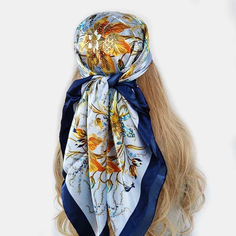 90 * 90cm long hair scarf fashion designer beautiful flowers soft satin shawl Kerchief square silk scarf neck shawl X2503241