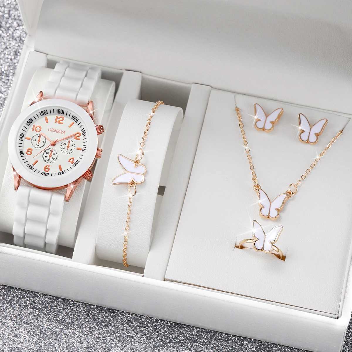 5 pieces/set Geneva womens watch fashion silicone strap quartz watch butterfly jewelry set (no box) W240902