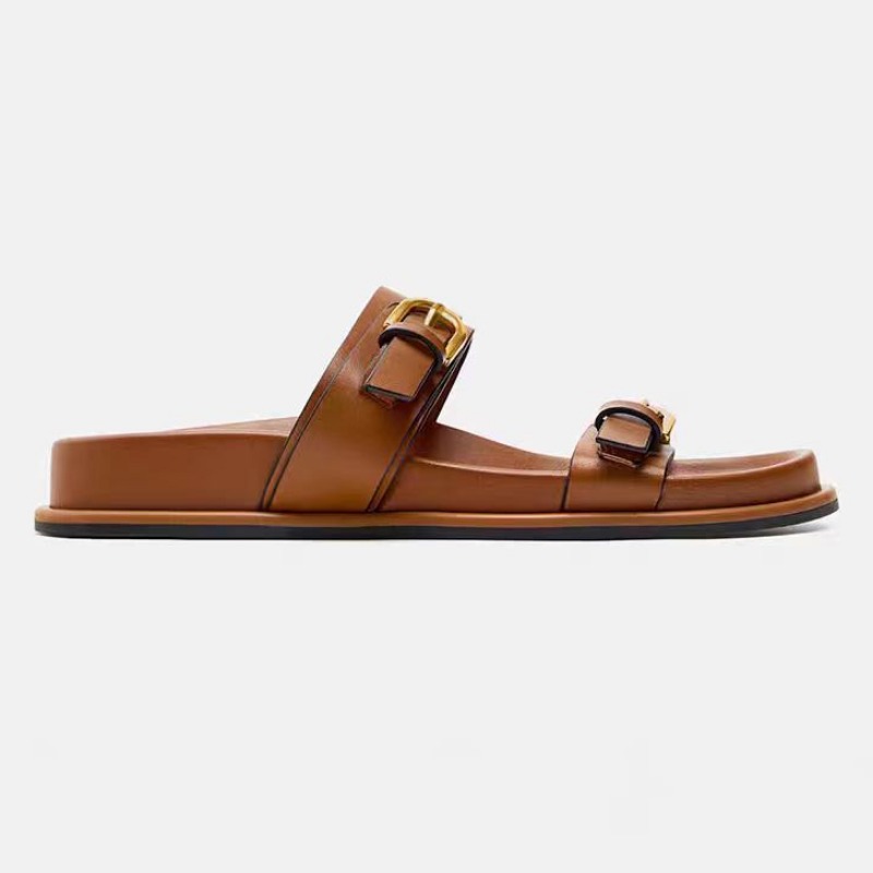 Thick Bottom Women Beach Slippers Outdoor Casual Flat Slides for Female Fashion Metal Buckle Soft Leather Ladies Roman Shoes