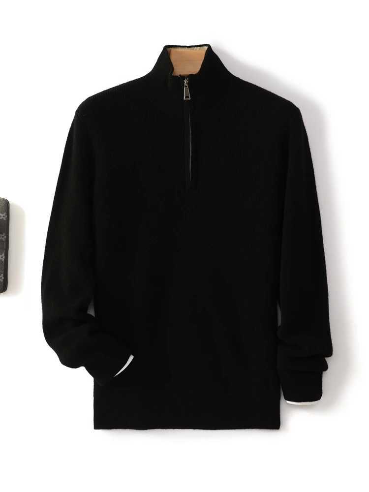 Autumn Winter Men Cashmere Sweater Pullover Mock Neck Zippers Thick Striped 100% Merino Wool Knitwear Casual Color block Clothes M240903