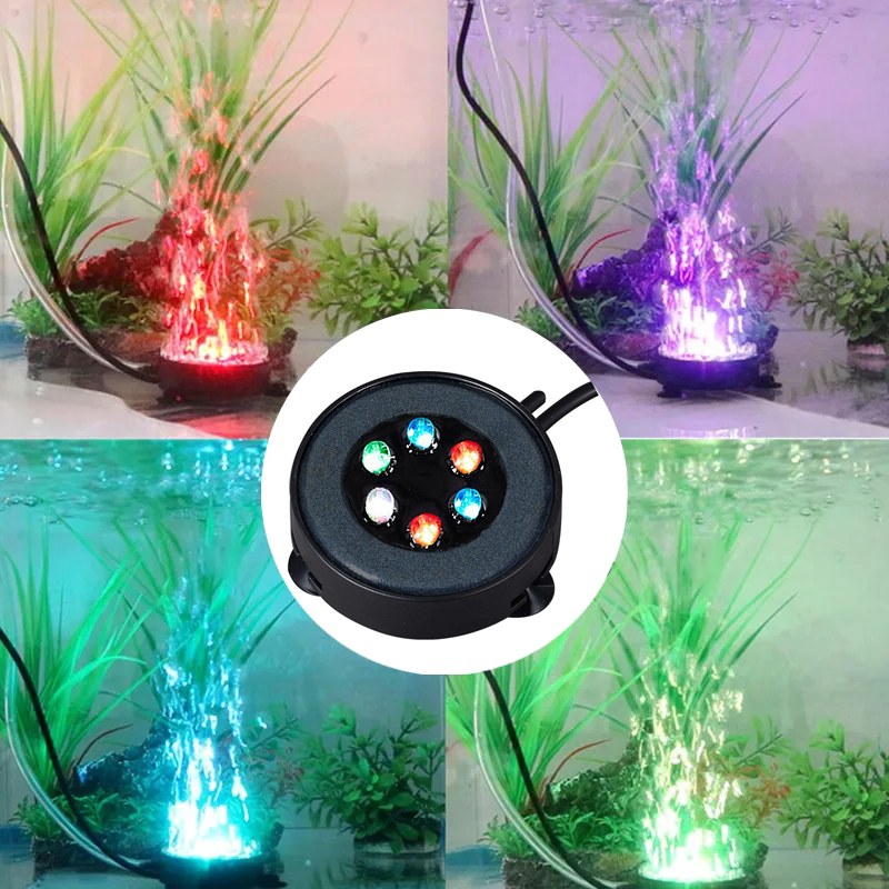 Aquarium Air Bubble Light 6 LEDs Underwater Round Fish Tank Stone Bubbler Submersible Aquarium Bubble Lamp Color Changing Light