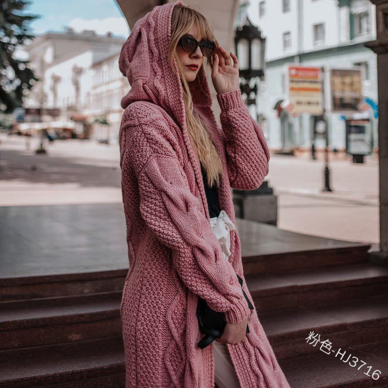 New autumn and winter hot solid hooded long loose cardigan sweater Fried Dough Twists knitwear women