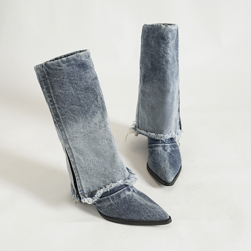 2025 new Blue Denim Cowboy for Women Autumn Mid Calf High Heels Western Boots Woman Pointed Toe Thick Heeled Jeans Shoes