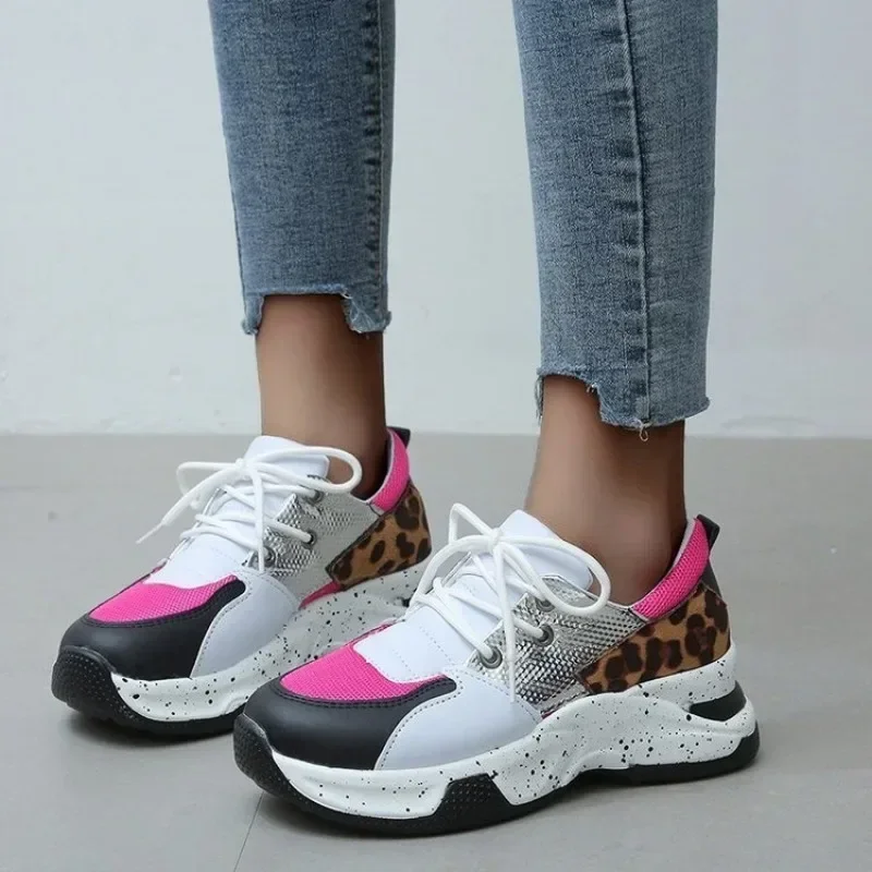 Platform Sneakers Women Autumn Winter Round Toe Low-top Leopard Wedge Shoes Women Size 43 Lace Up Soft Casual Sports Shoes