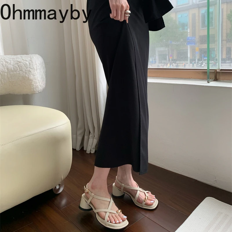 Summers Gladiator Women's Sandals Fashion Elegant Narrow Band Shoes Ladies Outdoor Clip Toe Thick Heel Sandalias