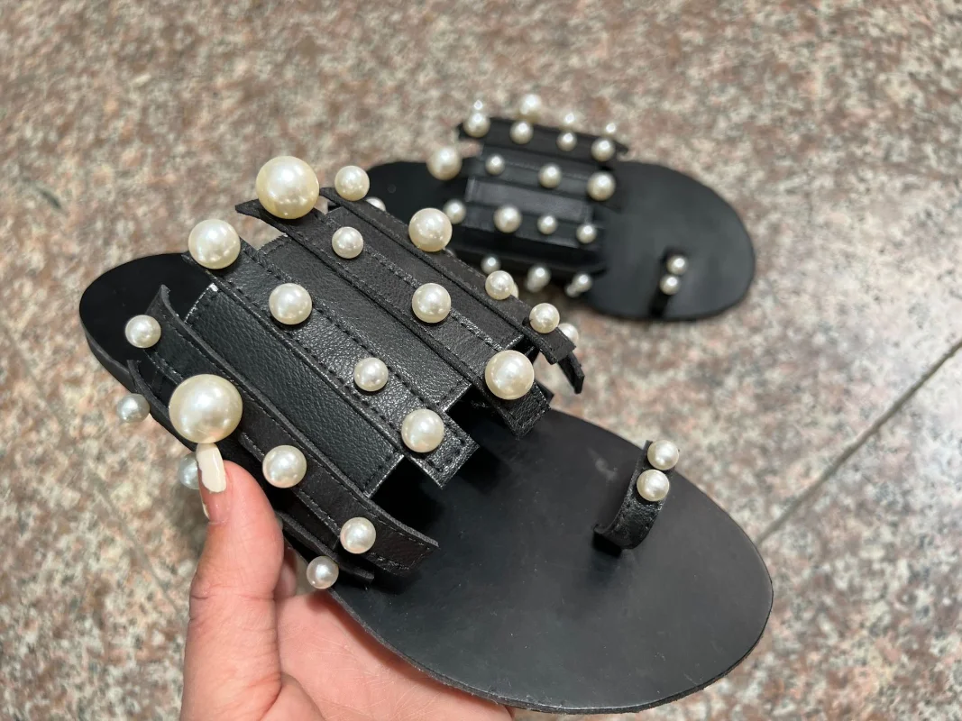Plus Size 43 Women's Flip Flops Summer Pearl Decoration Low Heel Slippers Casual Outside Flat Slides Sandal Shoe
