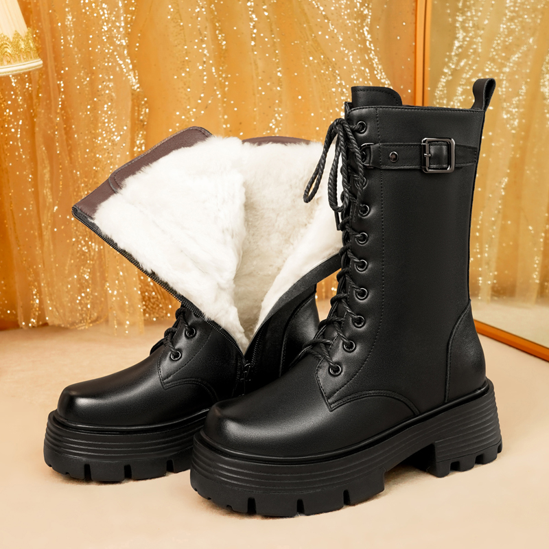 AIYUQI Women's Winter Shoes 2024 New Genuine Leather Women's Biker Boots Large Size Warm Platform Women's Snow Boots