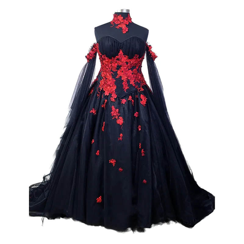 Gothic Black And Red Floral Wedding Dress Off Shoulder Long Sleeve Lace Appliques Ball Gowns Vintage Victorian Bride Wedding Dresses Lace-up Plus Size