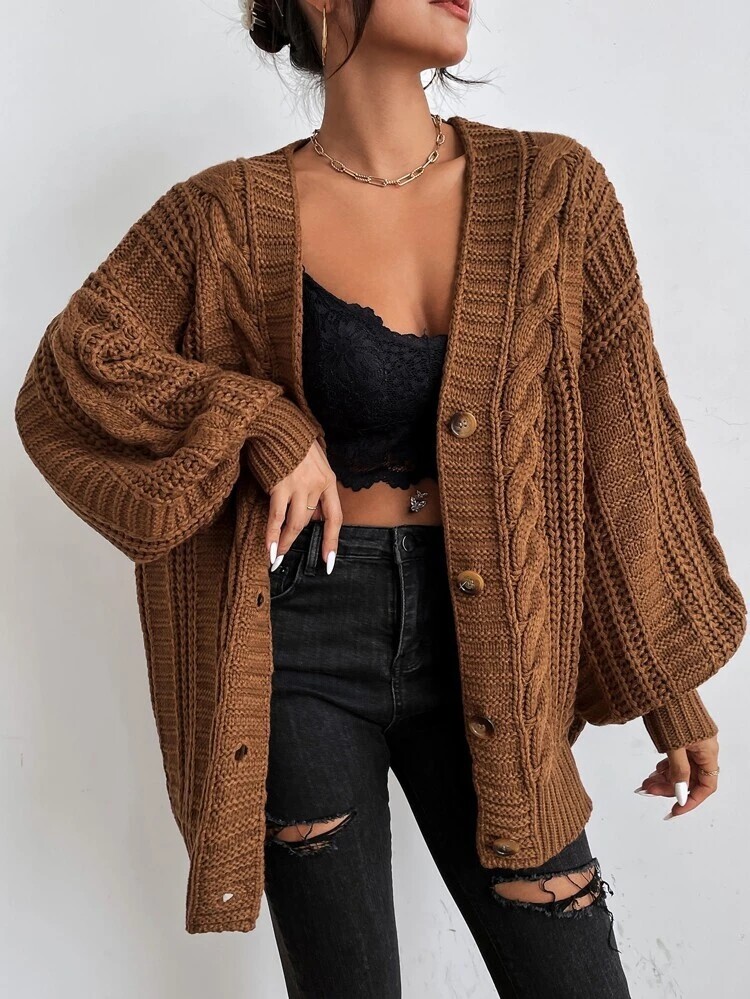 Loose sweater coat women fat autumn winter lazy Fried Dough Twists solid color cardigan V-neck lantern sleeve