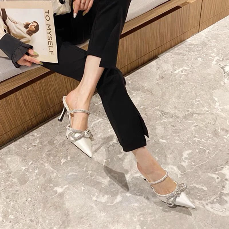 Summer Fashion Rhie Dia Butterfly-Knot Sandals High Heels Pointed Toe Slippers Women Pumps Party Wedding Bg Shoes