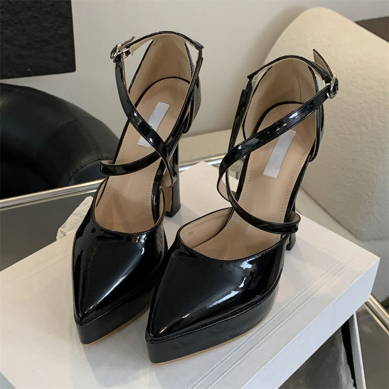 Eilyken Women Pumps Platform Buckle Strap Sandals Fashion Patent Leather Pointed Toe High Heels Nightclub Shoes 35a6