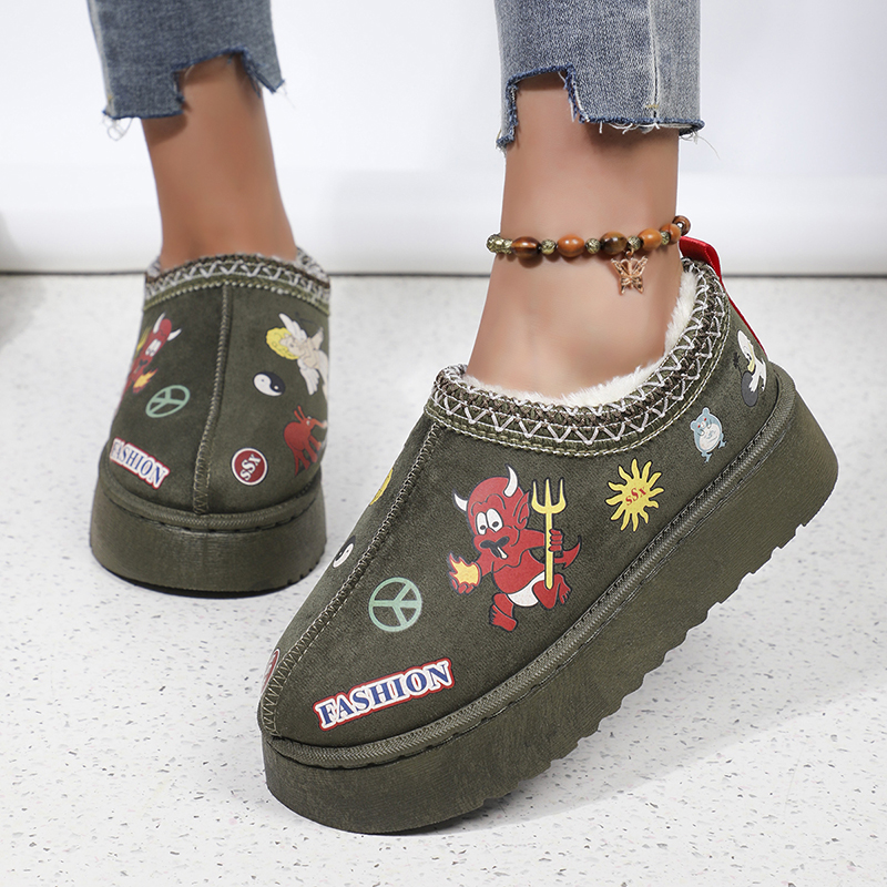 Warm Women Thick Fluff Snow Boots Cute Cartoon Pattern Print Platform Ankle Botas Casual Short Plush Flat Shoes Autumn Winter fcee