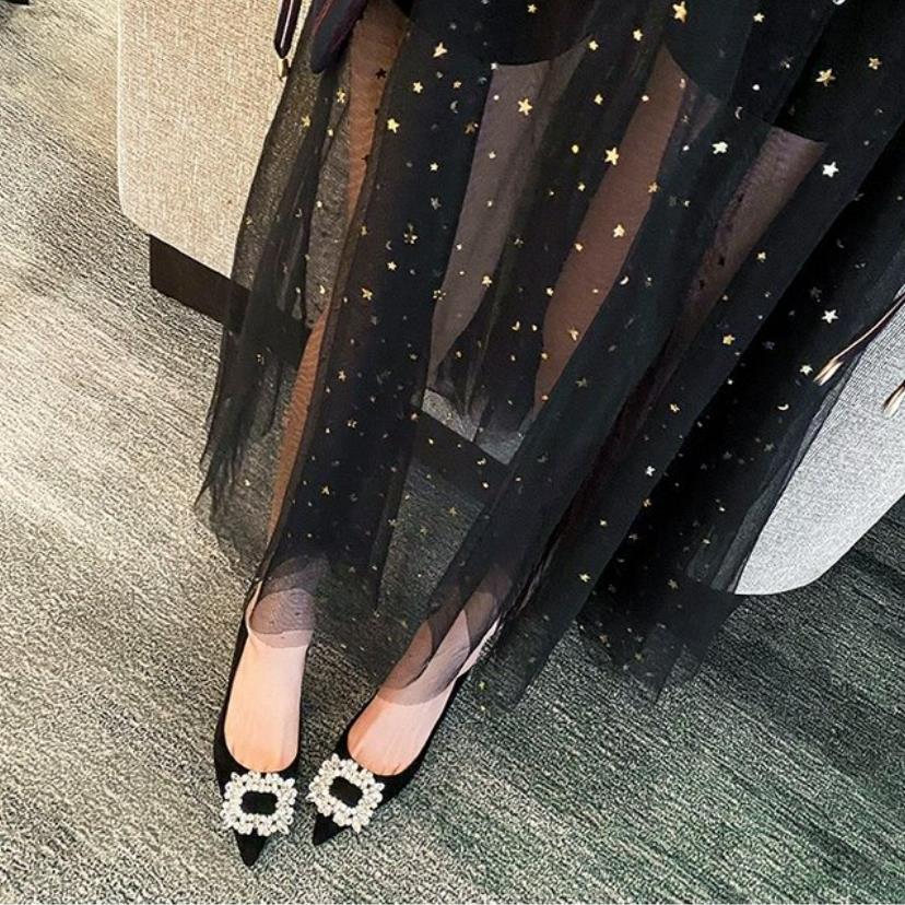 New Women High Heel Pumps Black Square Buckle Pointed Thin Heeled Baotou Banquet High Heeled Shoes Tacones Mujer Dress Shoes