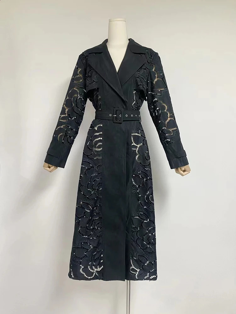 Eshin 2024 Spring Hollow Open Collar Womens Long Sleeve Splicing with Elegant Trench Womens Fashion Dress TH6188 240903