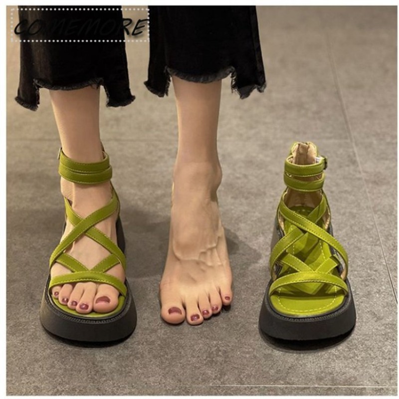 Women's Sandals Platform High-heeled Black Green Casual Shoes Hollow Out Female Roman Open Toe Buckle Strap PU Sandals 2024 New