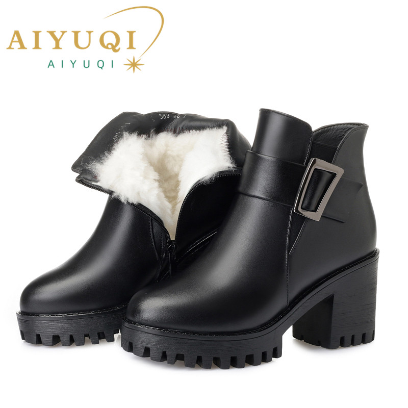 AIYUQI Ankle Boots Women 2024 New Platform Winter Genuine Leather Snow Boots Heel Luxury Wool Boots Female
