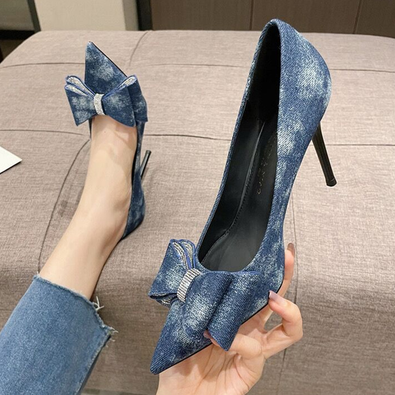 2025 new Denim Blue Crystal Bowtie Women Sexy Pointed Toe High Heels Party Shoes Woman 2023 Autumn Shallow Thin Heeled Pumps Female af6a